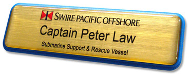 Plastic Name Badges - Blue border and brushed gold background | www.namebadgesinternational.ca
